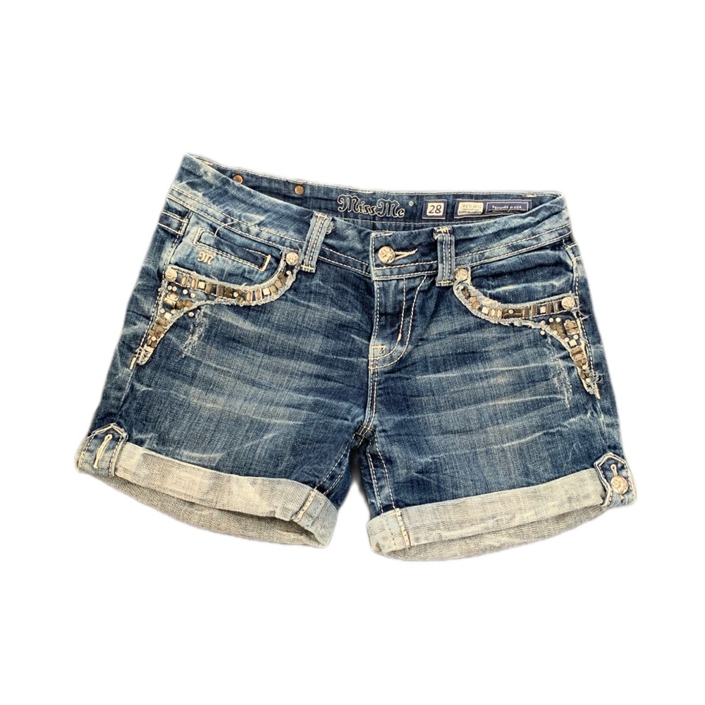 Miss Me Denim Shorts – Embellished, Studded, Bling Pockets, Cuffed, Medium Wash